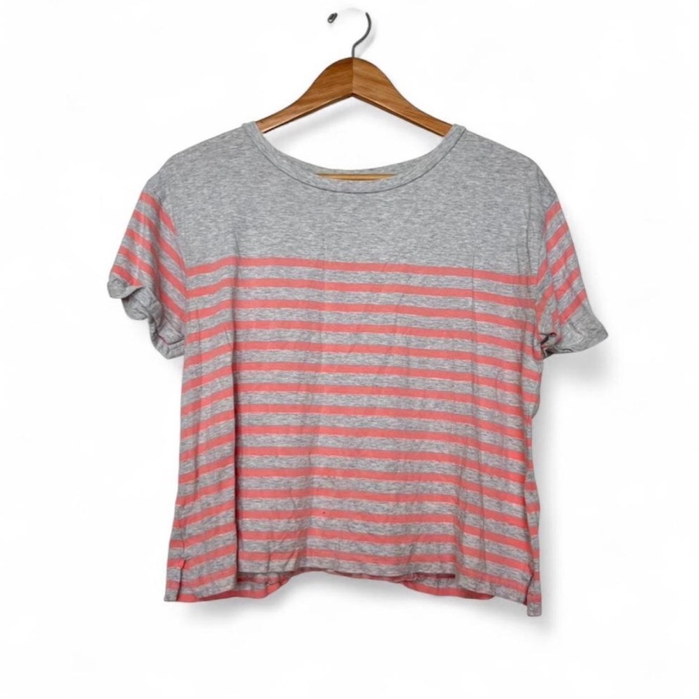Lou & Grey  Relaxed Fit Short Sleeve Cotton Gray and Pink Striped Crop T-Shirt